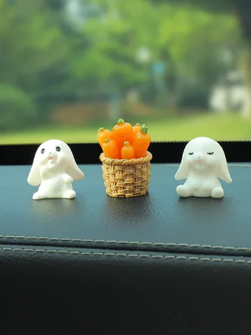 Cute Resin Rabbit Figurine Dashboard Decor Bunny Carrot Basket Set Car Interior Ornaments Automotive Accessories