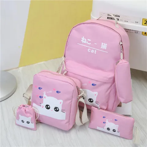 Japanisches Harajuku Stil Süßes Katzenmuster Canvas Rucksack Studenten Schultasche Mehrstück Set Lässiger Reise Daypack