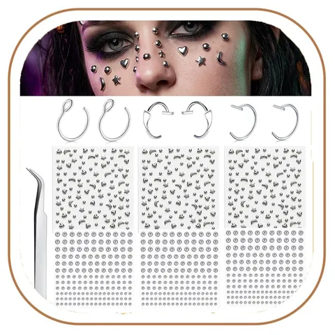 Nagemaakte Piercing Sieraden Stickers Set Acryl Strass Gezichtsjuwelen Sterren Maan Foute Wenkbrauwen Lippen Neusringen Voor Feest