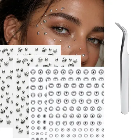Y2K Metallic Zilver Gezichtsstickers Hart Ster Maan Bal Vorm Zelfklevende Fake Piercing Body Sieraden Set Met Pincet
