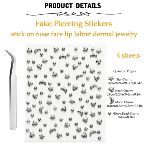 Y2K Metallic Zilver Gezichtsstickers Hart Ster Maan Bal Vorm Zelfklevende Fake Piercing Body Sieraden Set Met Pincet