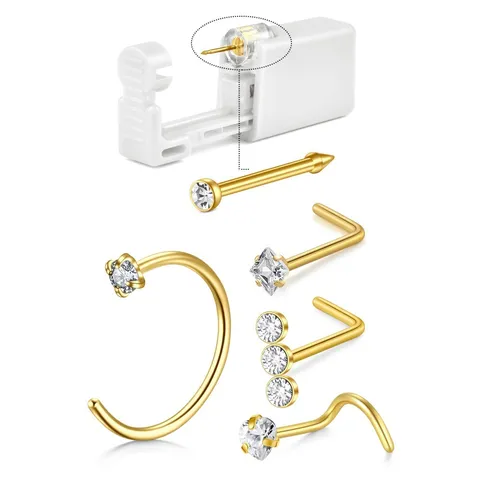 Kit de Perforación de Nariz Desechable Con Pistola de Perforación Aros de Nariz de Acero Inoxidable Diamantes de Imitación Almohadillas de Alcohol