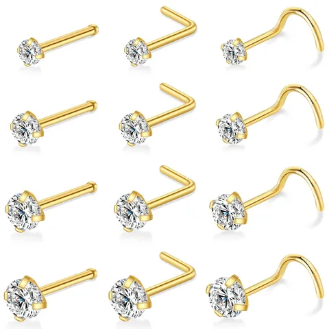 316 Chirurgenstahl Nasenstecker Ringe Set Für Damen 20G Piercing Schmuck Gold Silber Galvanisiert Zirkonia L-Form Gebogene Gerade Stange Nasenpiercing Schmuck
