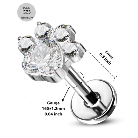 Titanium Internally Threaded Flat Back Stud Earrings Dog Paw Rhinestone Piercing Jewelry For Cartilage Tragus Conch Women