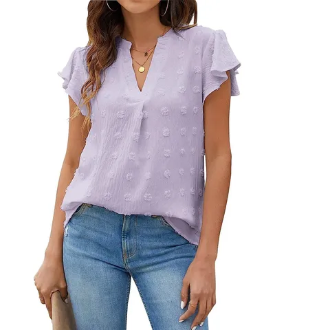 Women S Casual V Neck Ruffle Sleeve Pom Pom Chiffon Blouse Solid Color Loose Fit Summer Pullover Top
