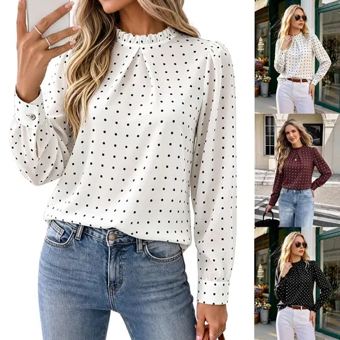 Damen Casual Langarm Polka Dot Chiffon Bluse Eleganter Rundhals Pullover Top Für Damen Mode