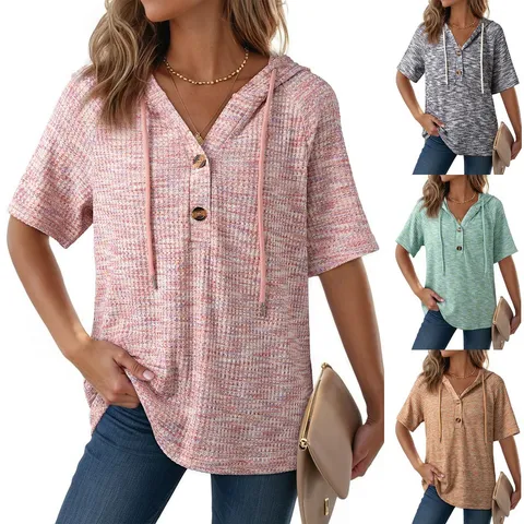 Women Casual Waffle Knit Short Sleeve Hoodie V Neck Drawstring Button Solid Color Summer Basic Top