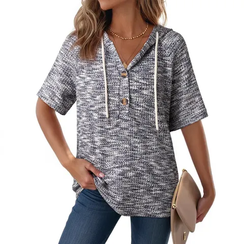 Women Casual Waffle Knit Short Sleeve Hoodie V Neck Drawstring Button Solid Color Summer Basic Top