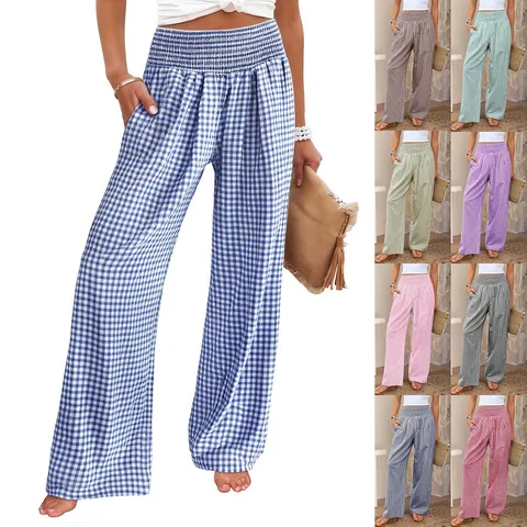 Women's Casual High Waist Wide Leg Pants Loose Fit Plaid Long Trousers With Pockets Elastic Waist Streetwear