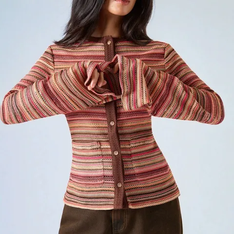 Cardigan Ajustado Casual para Mujer Mangas Acampanadas Largas Top de Punto A Rayas Elegante Monopeto con Botones Ropa