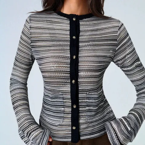 Cardigan Ajustado Casual para Mujer Mangas Acampanadas Largas Top de Punto A Rayas Elegante Monopeto con Botones Ropa