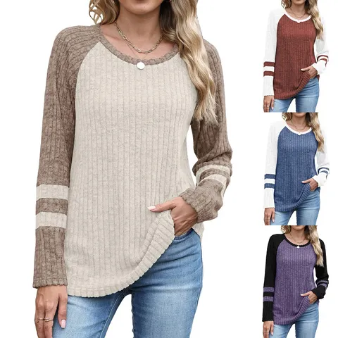 Women's Casual Long Sleeve Color Block Crew Neck Sweater Loose Fit Pullover Knitwear Tops For Autumn Fashion