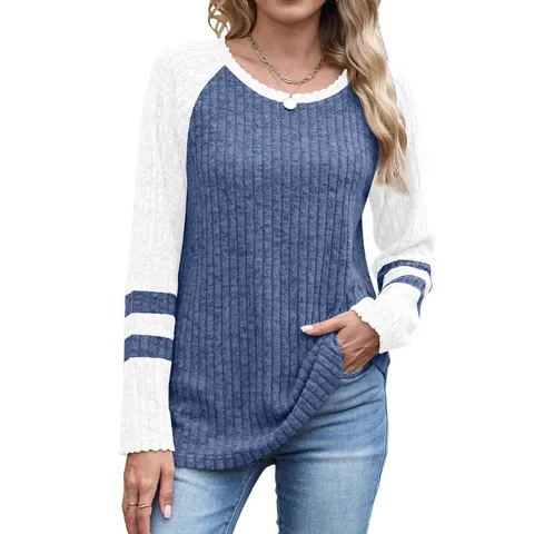 Women's Casual Long Sleeve Color Block Crew Neck Sweater Loose Fit Pullover Knitwear Tops For Autumn Fashion