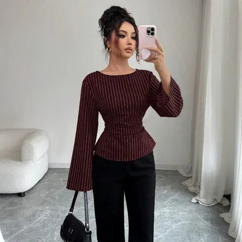 Womens Casual Crew Neck Long Flare Sleeve Striped Blouse Slim Fit Drawstring Waist Autumn Office Commuter Shirt