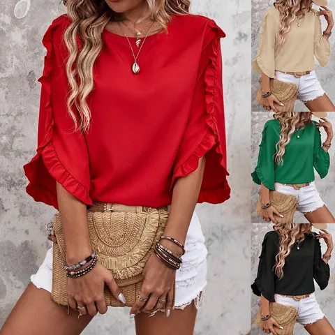 Women's Casual Solid Color Crew Neck 3/4 Sleeve Blouse Lace Trim Regular Fit Polyester Tops Fashion Urban Style