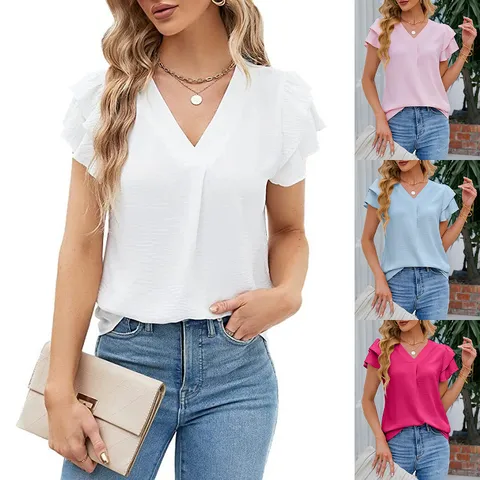 Blusa de Gasa de Verano Casual con Cuello en V y Manga con Volantes para Mujer Estofado Holgado Estilo Dulce