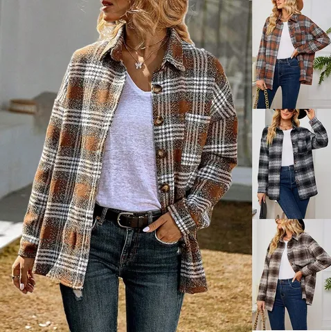 Cappotto di Lana a Quadri Casual da Donna Giacca a Maniche Lunghe con Revers Media Lunghezza Elegante Shacket Urban