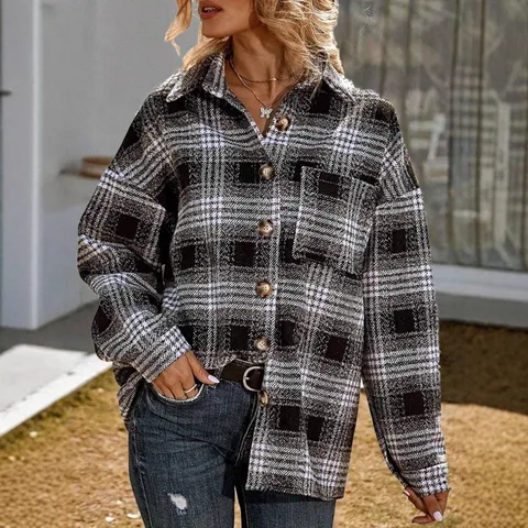 Cappotto di Lana a Quadri Casual da Donna Giacca a Maniche Lunghe con Revers Media Lunghezza Elegante Shacket Urban