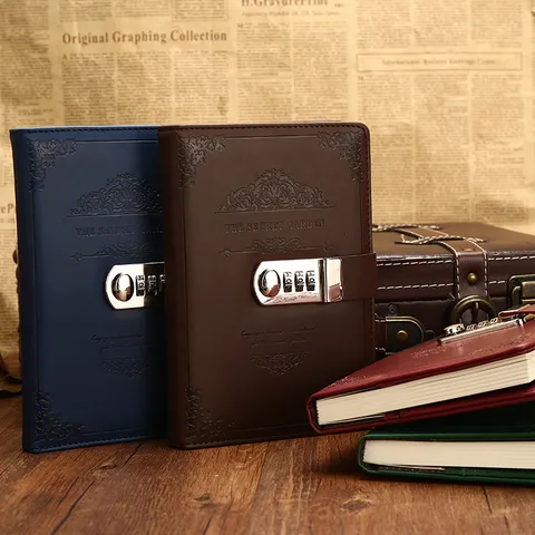 A5 Vintage PU Leather Notebook Diary With Password Lock Lined Pages Business Journal Writing Notebook For Office School