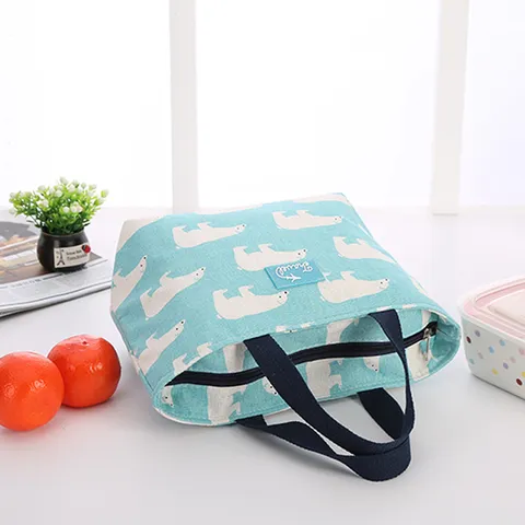Geïsoleerde Lunchtas Leuke Dierenprint Koeltas Katoen Linnen Thermische Bento Pouch Voor School Kantoor Picknick