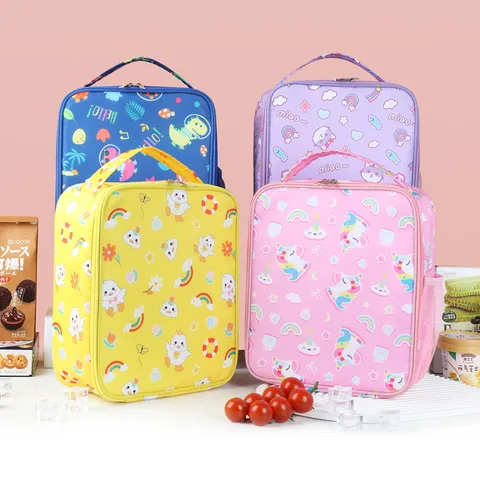Portable Insulated Lunch Bag Cute Cartoon Print Waterproof Oxford Cloth Bento Box Tote Bag with Side Pocket for Students Daily Use