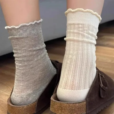 Calcetines Medianos Lisos Casuales para Mujer Verano Delgados Transpirables Borde Volante Moda