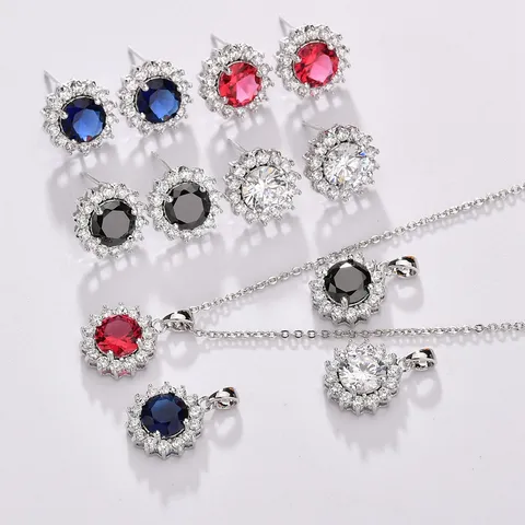 Minimalistisch Kupfer Zirkonia Kristall Anhänger Halskette Ohrringe Schmuckset Rund Cluster Blume Stern Eingelegt Schmuck Geschenk Für Damen