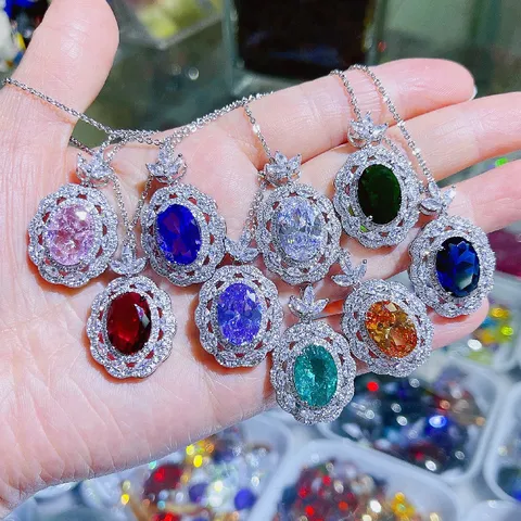 Luxus Oval Bunte Zirkonia Anhänger Halskette Für Damen Kupfer Titanstahl Kette Retro Mode Schmuck Zubehör