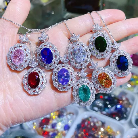 Luxus Oval Bunte Zirkonia Anhänger Halskette Für Damen Kupfer Titanstahl Kette Retro Mode Schmuck Zubehör