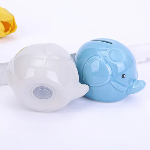 Salvadanaio in Ceramica a Forma di Elefante Carino Salvadanaio Animale Ornamento da Scrivania Artigianato Decorazione Bianco Blu Regalo