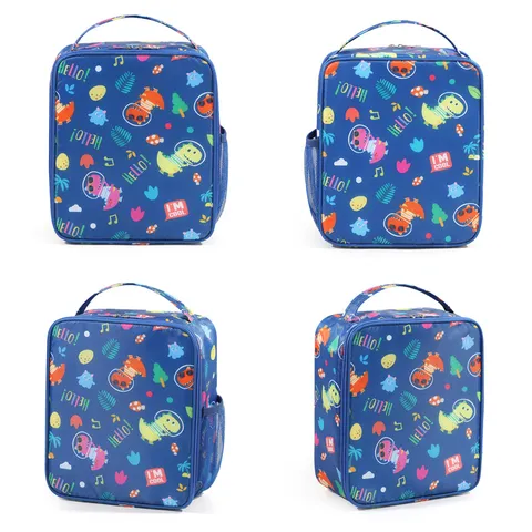 Portable Insulated Lunch Bag Cute Cartoon Print Waterproof Oxford Cloth Bento Box Tote Bag with Side Pocket for Students Daily Use