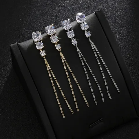 Geometrische Legierung Zirkonia Lange Quaste Ohrringe Mit 925 Sterlingsilber Ohrstecker-Stift Mode Elegante Ohrhänger Für Damen