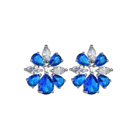 Elegantes Mode Blau Kristall Zirkonia Blume Schmuckset Kupfer Eingelegt Tropfenkette Ohrstecker Für Damen Leichter Luxus Party Schmuck