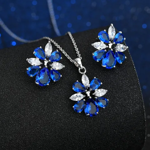 Elegantes Mode Blau Kristall Zirkonia Blume Schmuckset Kupfer Eingelegt Tropfenkette Ohrstecker Für Damen Leichter Luxus Party Schmuck