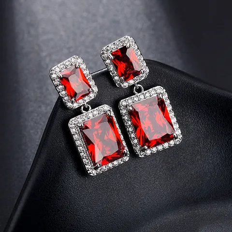 Elegante Kupfer Zirkonia Quadratische Doppelschicht Ohrhänger Mit Silber Ohrringpfosten Geometrischer Galvanisierter Modeschmuck Für Damen