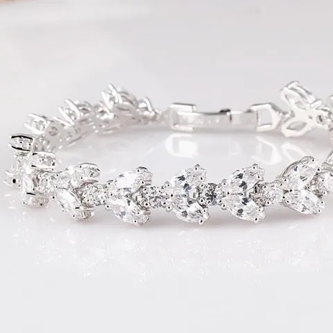Elegantes Kupfer Platinbeschichtetes Marquise Schliff Zirkonia Blatt Gliederarmband Luxus Strass Kristall Eingelegtes Tennisarmband Schmuck Für Damen Party Geschenk