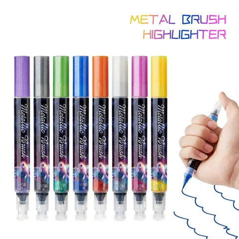 Metallic Highlighter Brush Pen Dual Color Shimmer Graffiti Student Drawing Marker Push-Type Stationery Pen