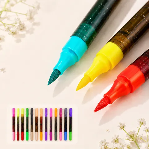 Dubbele Punt Glitter Acryl Marker Pennen Shimmer Metallische Penseelpennen Voor Kinderen Studenten Journaling Tekenen