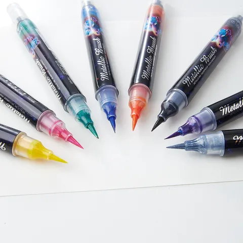 Metallic Highlighter Brush Pen Dual Color Shimmer Graffiti Student Drawing Marker Push-Type Stationery Pen
