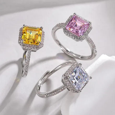 Princess Square Pagoda Cut Zirconia Ring For Women Men Adjustable Copper Inlaid Colorful High Carbon Diamond Fashion Jewelry