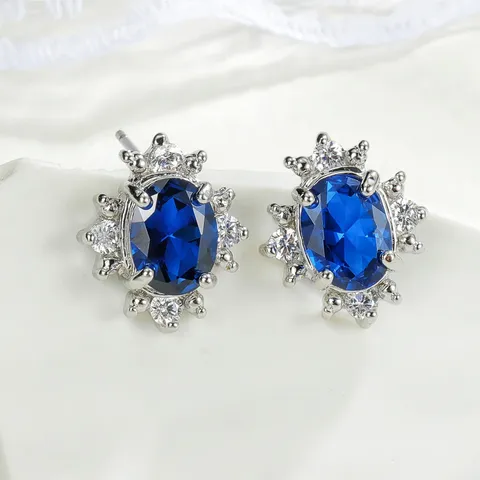 Orecchini a Bottone Ovali in Zaffiro e Rubino Sintetico Stile Lady Di Orecchini Cluster in Rame e Zirconia da Donna