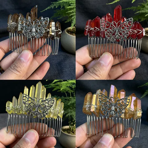 Handmade Natural Crystal Hair Comb Vintage Alloy Butterfly Hair Clips Western Decorative Headpiece Accessories For Women Hair Jewelry