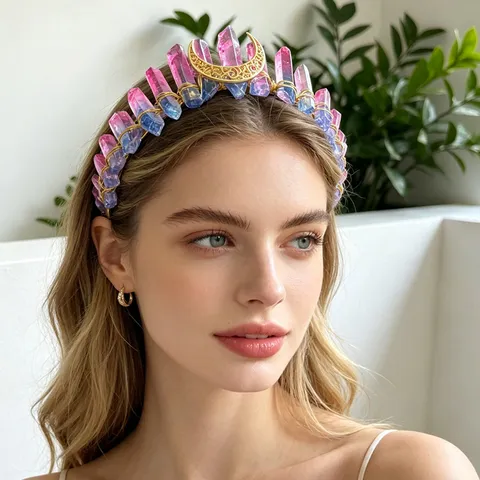 Natural Crystal Crown Headband Gold Moon Decor Crystal Quartz Hair Accessories For Women Festival Photography Party Gift Jewelry
