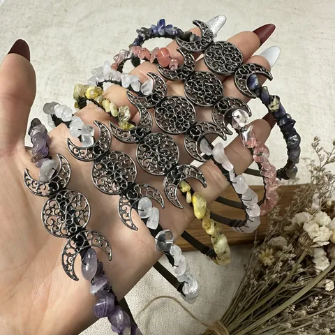 Handmade Natural Crystal Chip Stone Headband Vintage Triple Moon Phase Wiccan Goddess Hair Band For Wedding Festival Party Women Jewelry