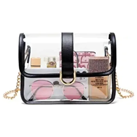 Sac Bandouliere Transparent en PVC Sac a Main d'Epaule Clair Avec Chaine Doree et Bordure Noire pour Femmes Concert Stade Utilisation Quotidienne