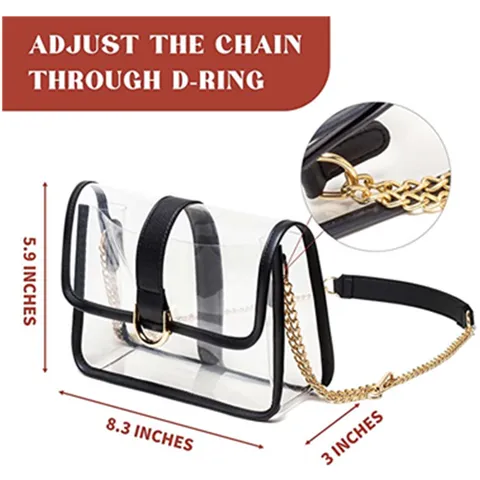 Sac Bandouliere Transparent en PVC Sac a Main d'Epaule Clair Avec Chaine Doree et Bordure Noire pour Femmes Concert Stade Utilisation Quotidienne