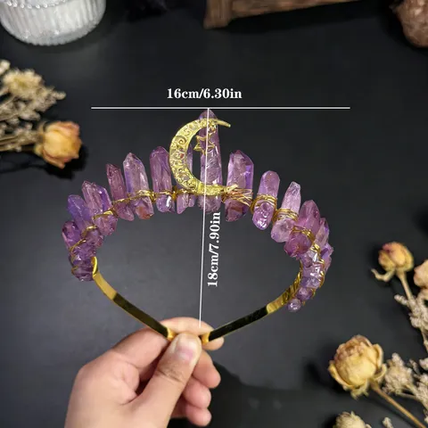 Natural Raw Crystal Crown Headband Handmade Gold Wired Star Moon Tiara Gothic Fairy Hair Band For Women Festive Party Photography