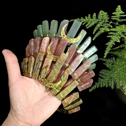 Natürlicher Kristall Krone Stirnband Mit Goldenem Mond Zubehör Handgefertigter Boho Haarreifen Braut Hochzeit Fotografie Haarschmuck Für Damen