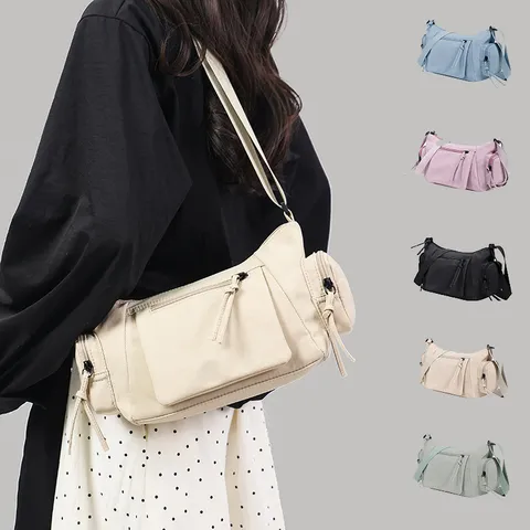 Borsa a Tracolla Moto Vintage da Donna in Tessuto Oxford con Tasche Multiple Casual Moda Borsa da Spalla Quotidiana