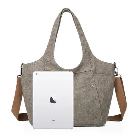 Borsa a Tracolla in Tela Retro Casual Grande Capacità Tote Bag Borsa a Mano Giornaliera Versatile Tasca Multipla per Donne